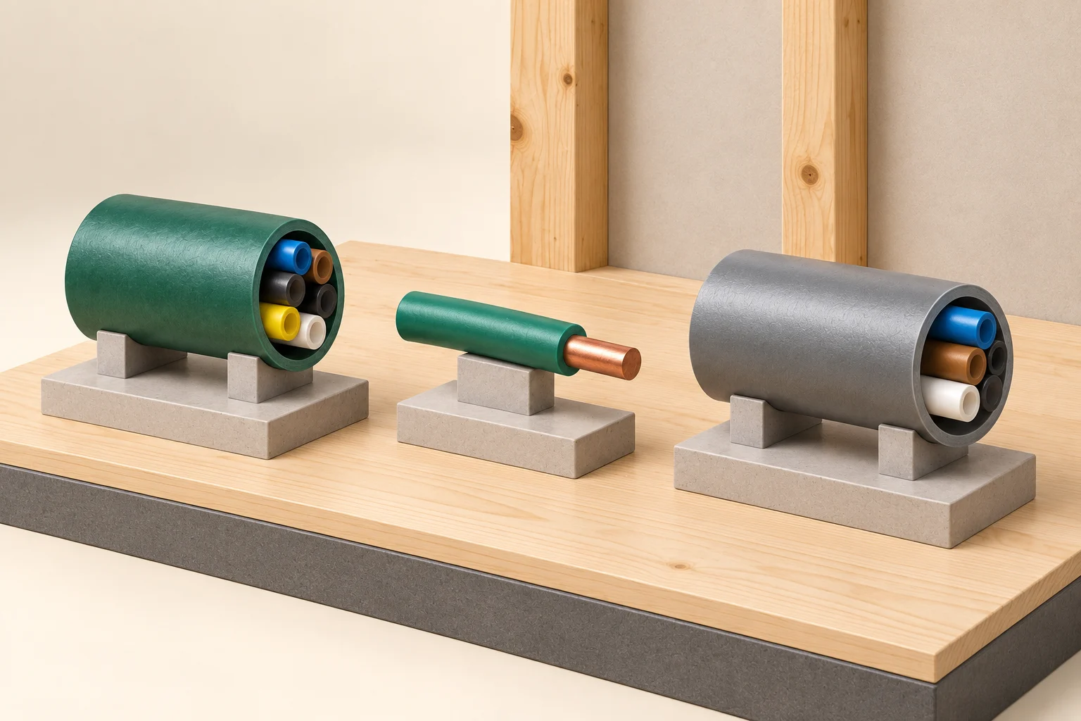 Three separate oversized teaching specimens: a green outer shell with hollow coloured inner sleeves, one green-insulated copper-toned solid specimen, and a gray outer shell with hollow inner sleeves on timber