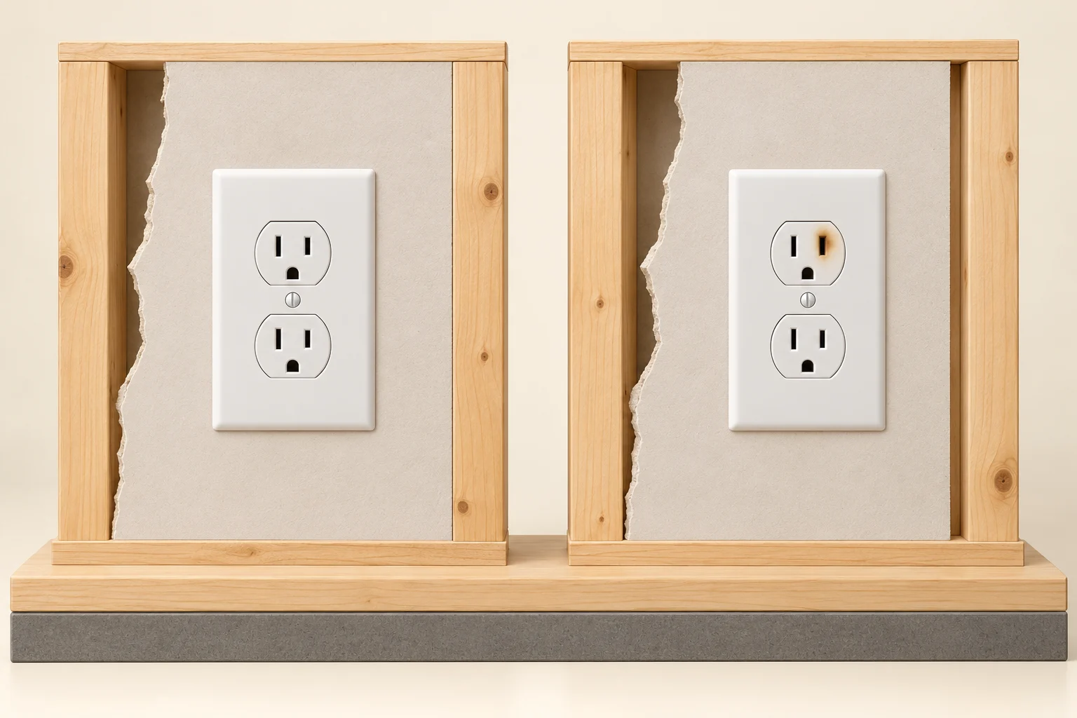 Two closed white duplex receptacle display specimens on separate cream timber-framed wall fragments; the right upper opening has a small brown discoloured patch and the left face has no pictured patch