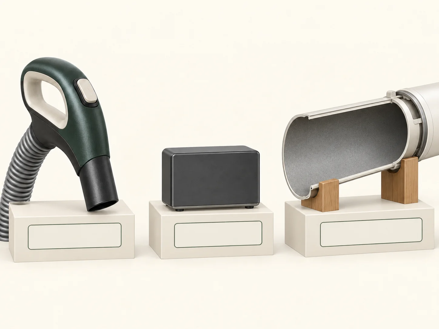 Illustrated hose handle, closed control-box example and cutaway pipe, shown separately to compare the start/stop control with the air-and-dirt route.
