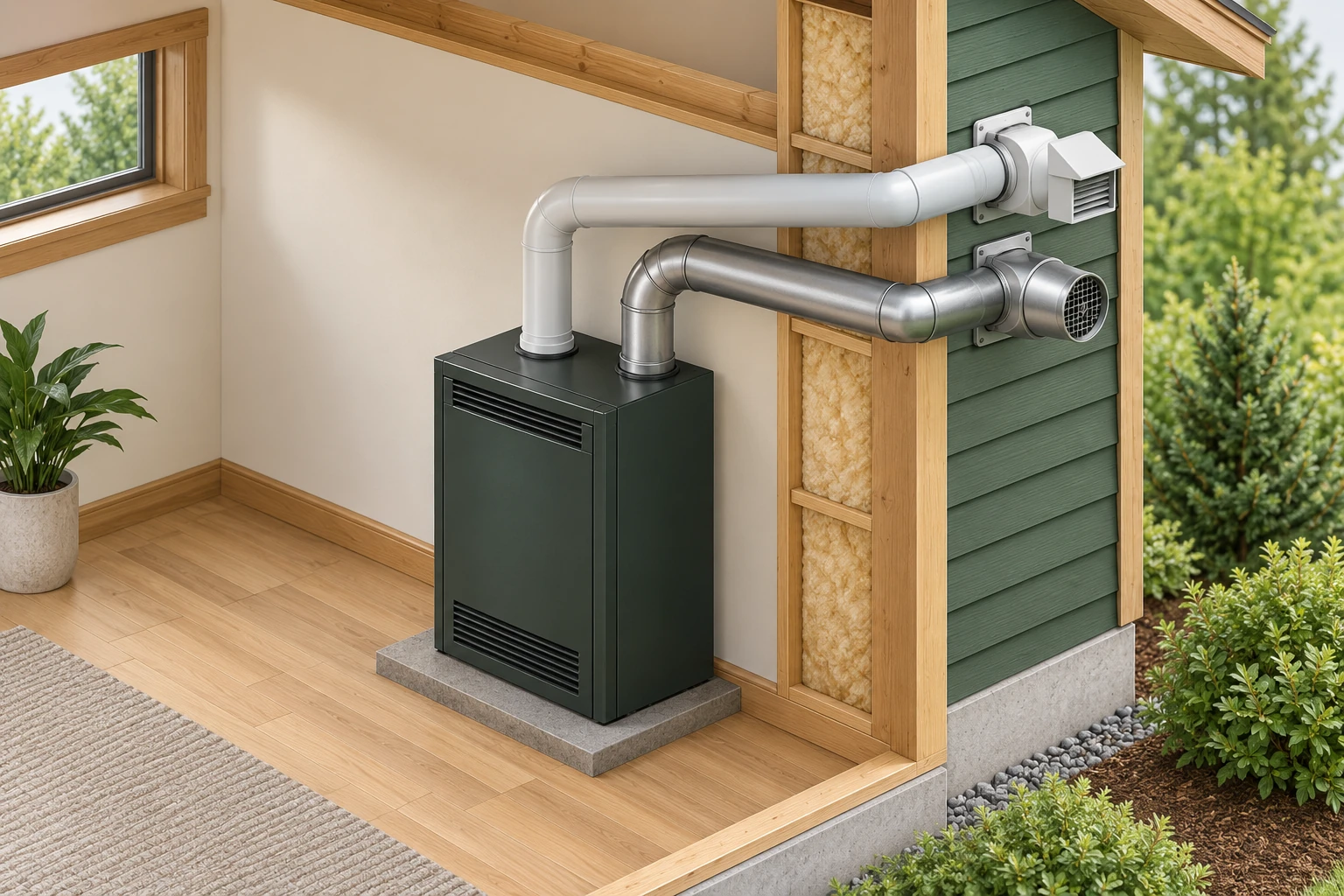 A closed heating appliance connects to two separate tubes passing through a timber exterior-wall cutaway to separate outside ends.