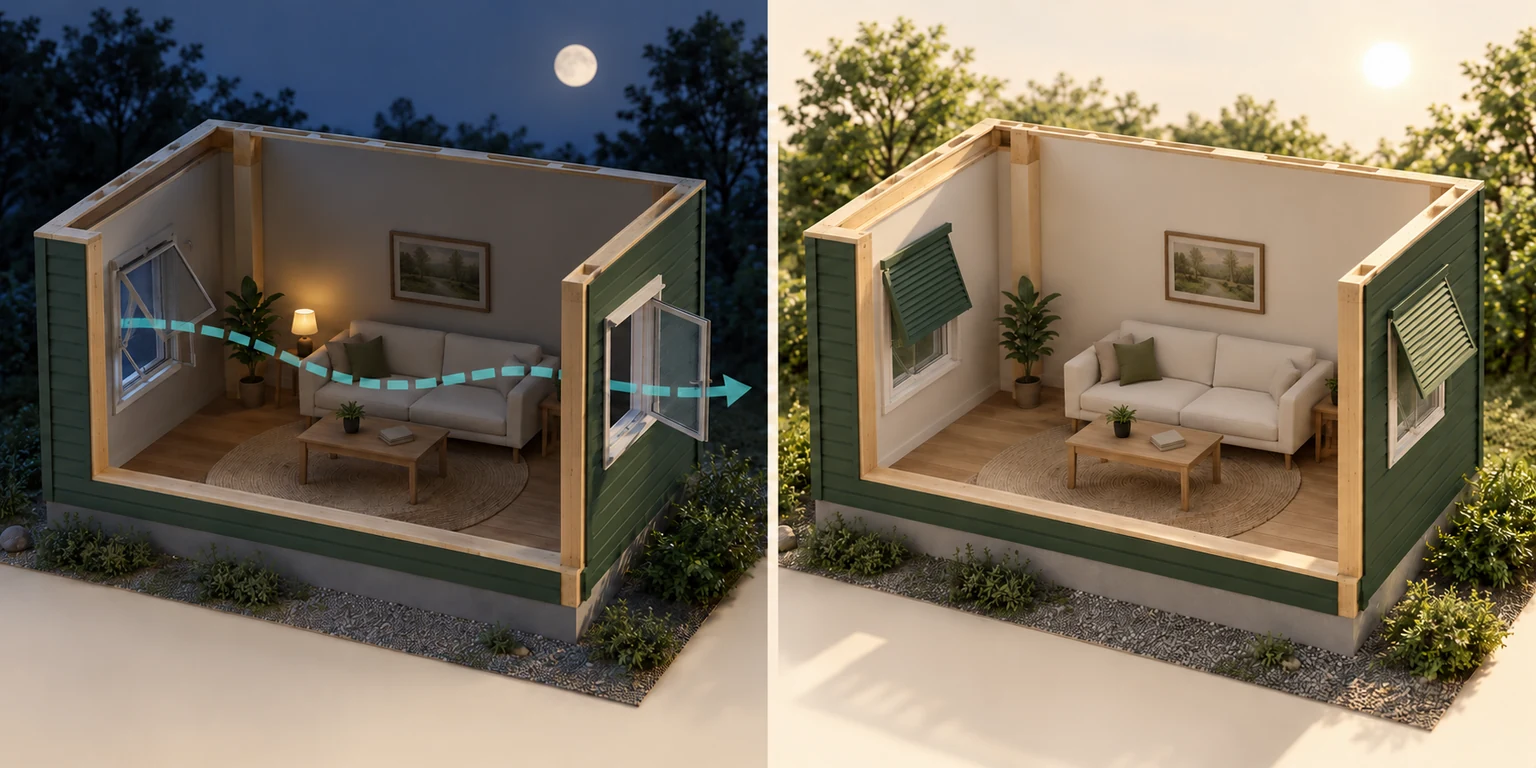 Matched timber room cutaways: open screened windows and a dashed airflow arrow at night, beside shaded closed windows in daylight.
