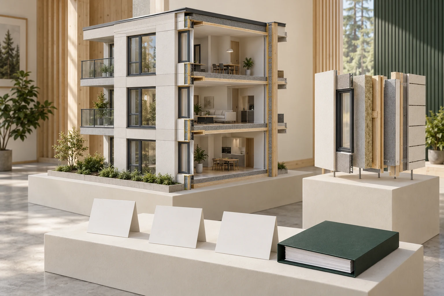 Conceptual multilevel building model and detached exploded wall specimen beside blank record cards and binder