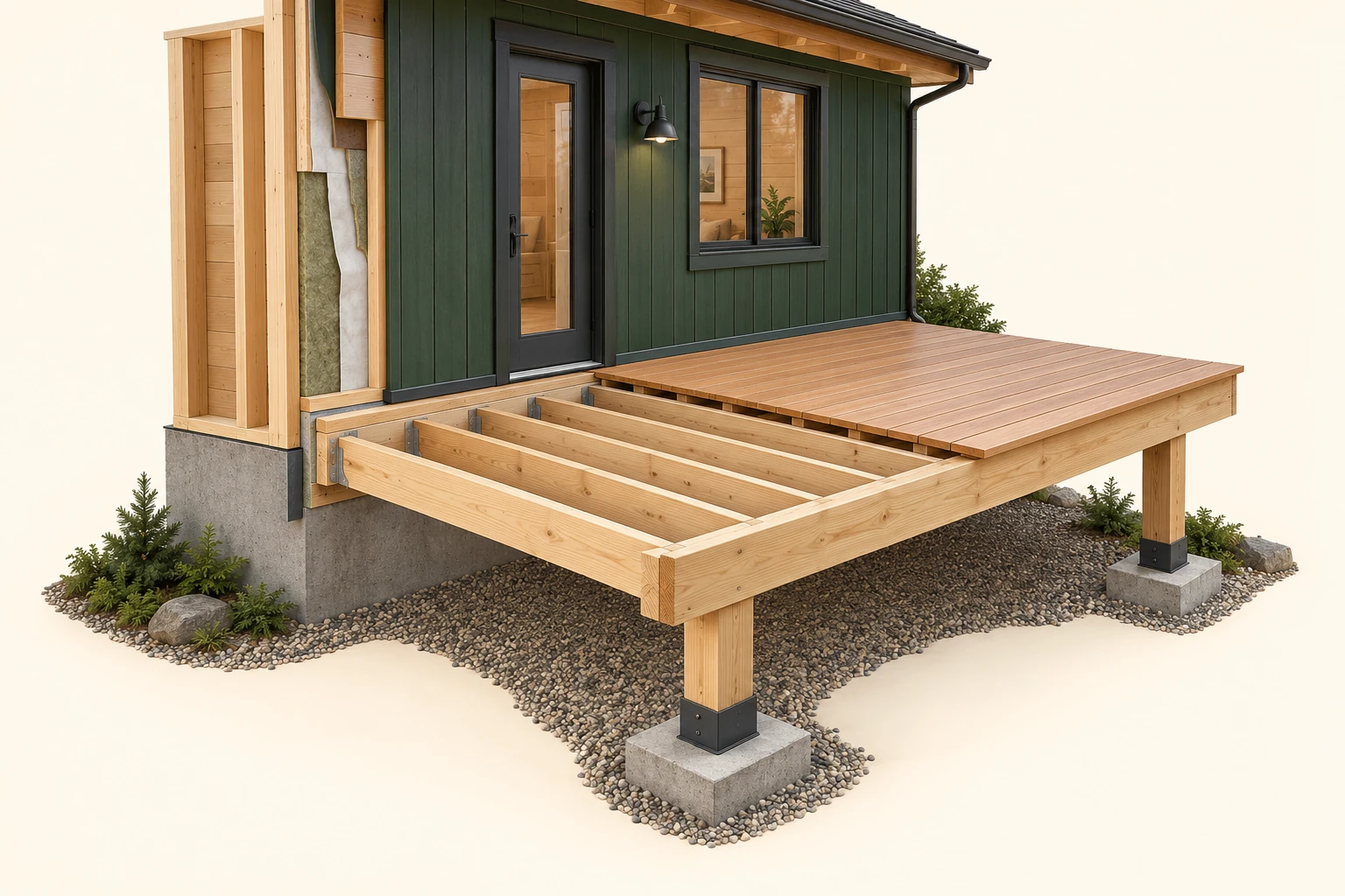 Conceptual blond-timber deck and house-wall cutaway showing joists, a house-side interface, an outer member, two posts and bases, wall layers and a doorway threshold