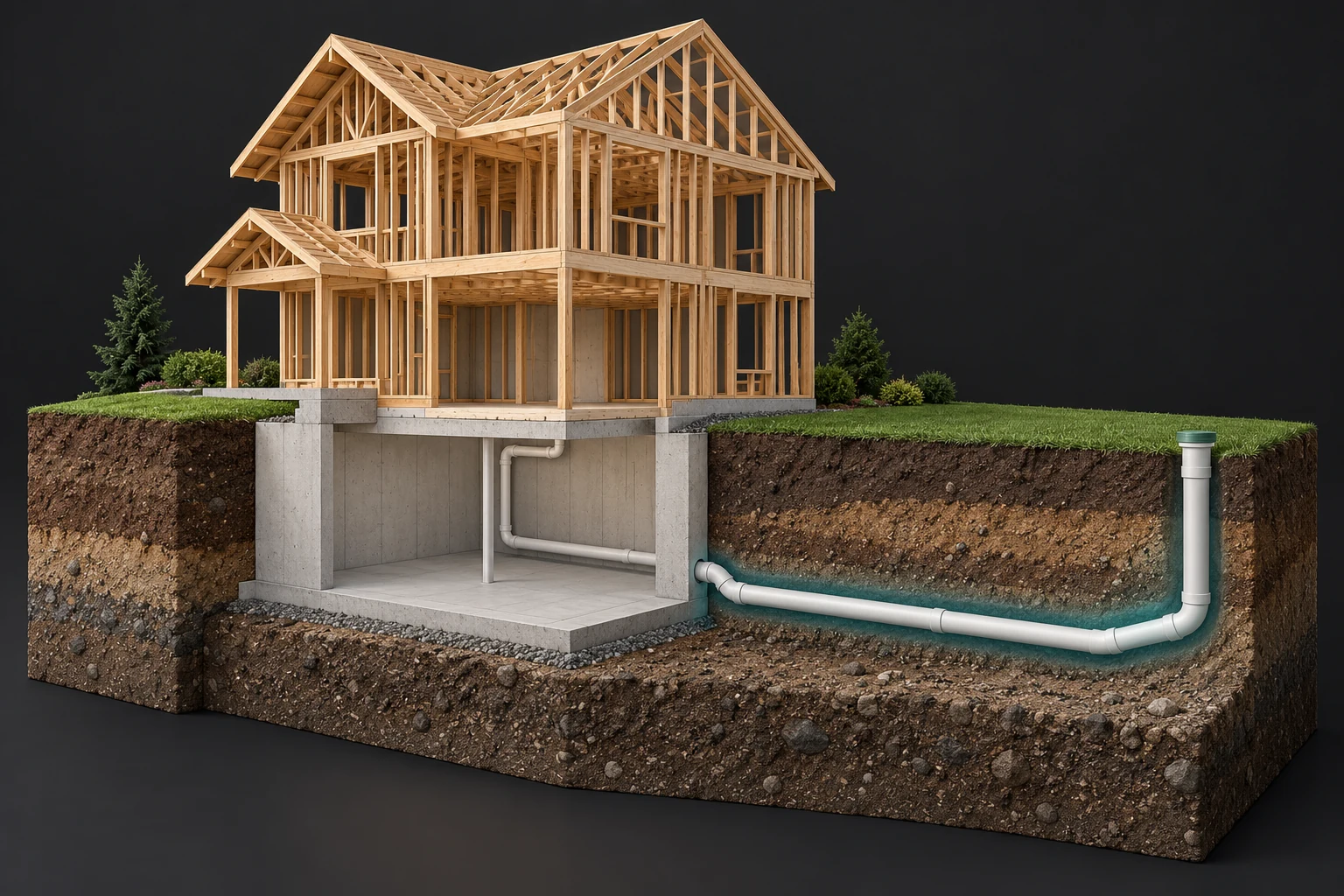 Conceptual timber house and foundation cutaway exposing a pale buried drainage pipe within soil