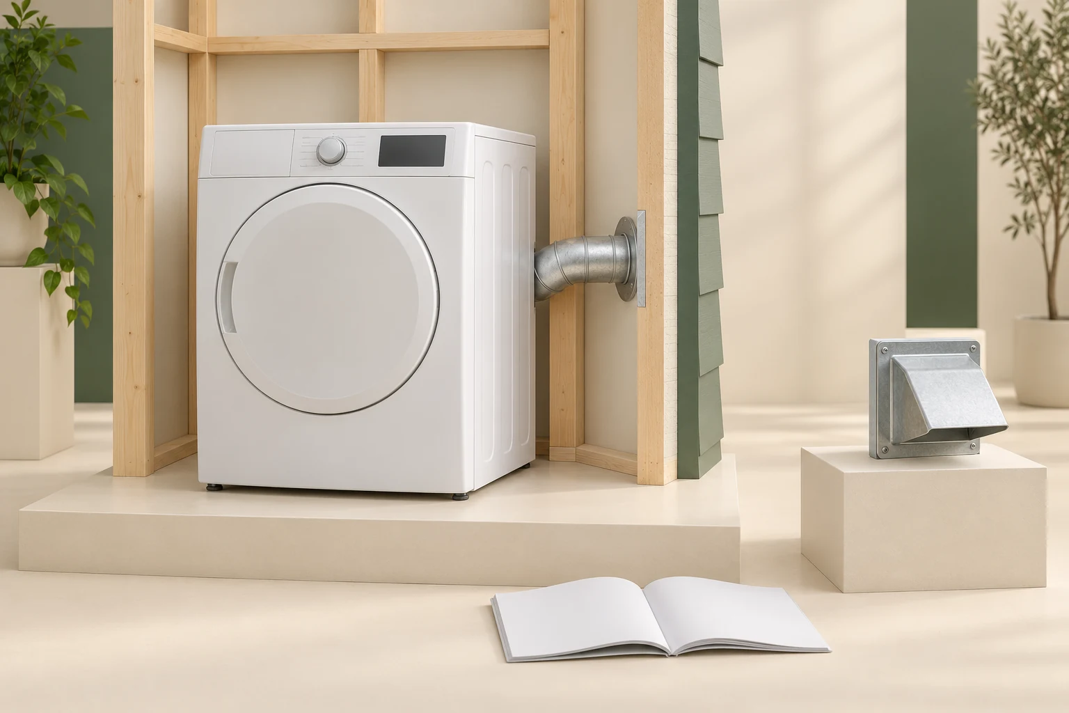 Conceptual laundry specimen with a closed appliance, partial metallic section at a wall flange, detached hood and blank booklet