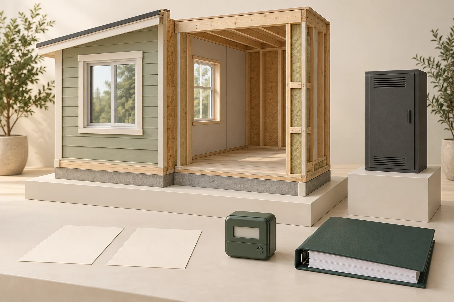 Conceptual timber room specimen beside an unidentified closed cabinet, blank-display object, blank sheets and binder