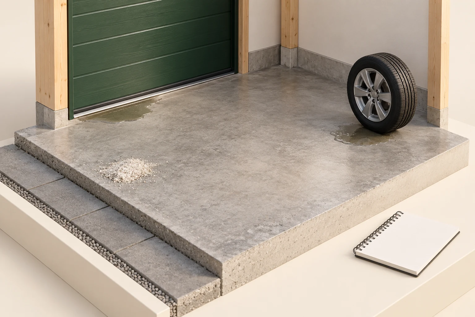 Conceptual garage corner with a green door, concrete floor, detached wheel, two small glossy patches, pale granules and a blank notebook
