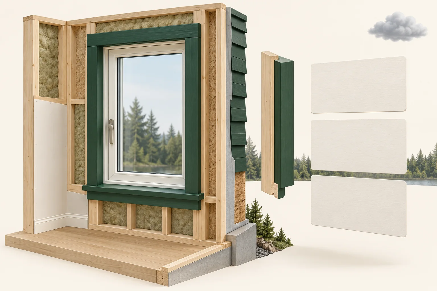 A closed white-framed window with a handle and dark green trim in an exposed timber and pale-infill wall specimen. A separate timber-and-trim sample, three blank cards and a small cloud symbol appear to the right.