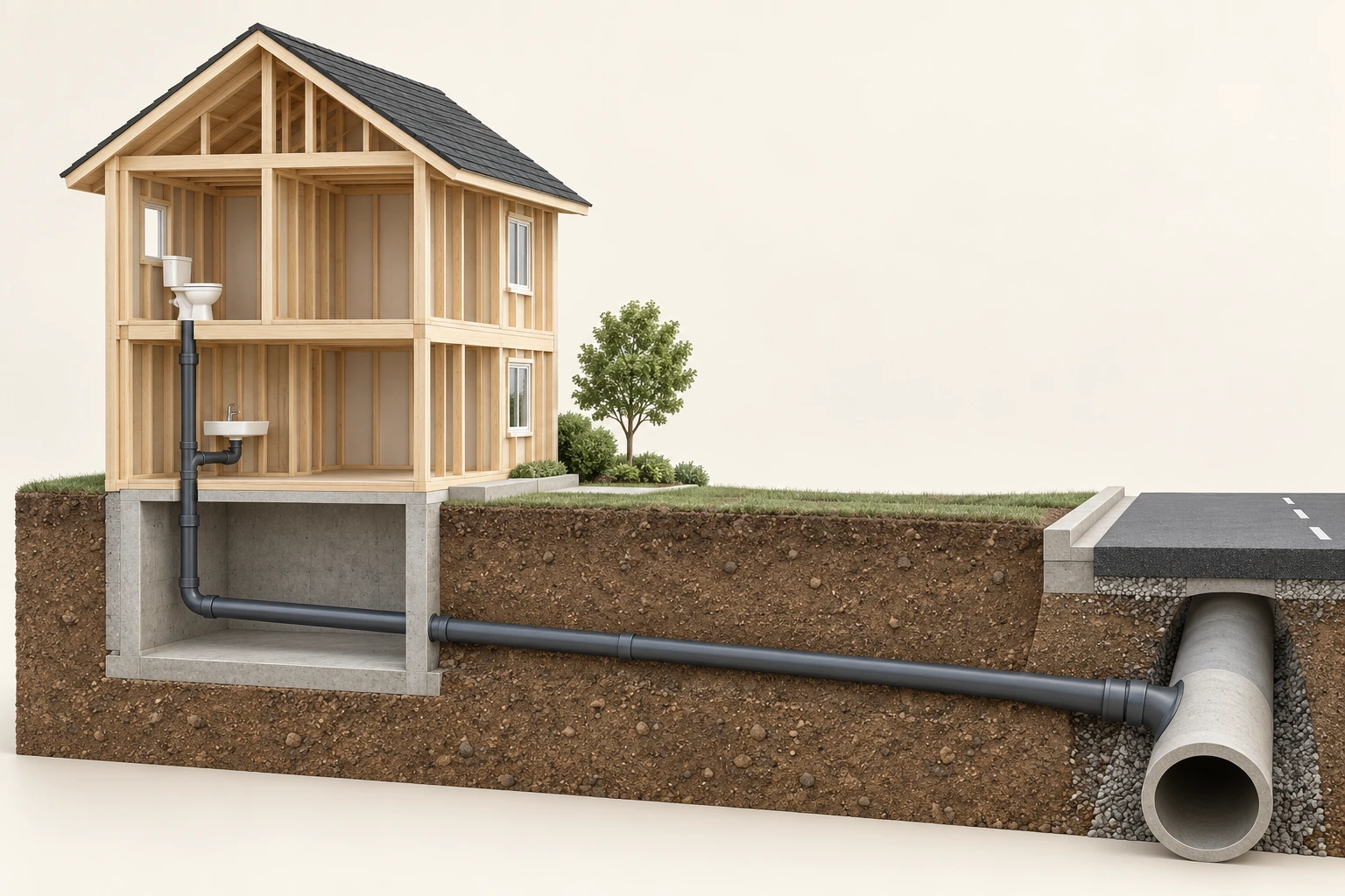 A cutaway timber house shows a toilet and sink joining a dark vertical drain. The drain turns below the ground floor and continues through the foundation and soil to a larger pipe under the road.