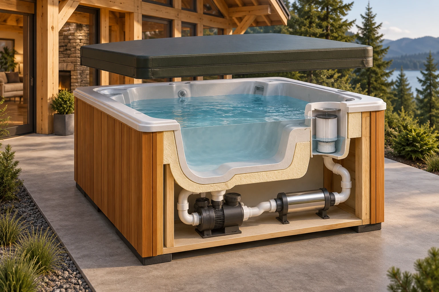 Hot-tub cutaway with a water-containing shell, filter pocket, pump, separate inline component and cover held above the tub.