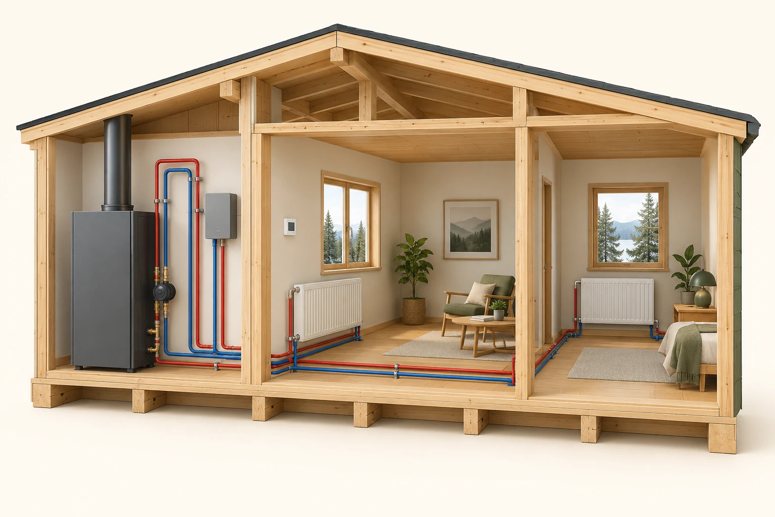 Conceptual two-room timber house cutaway with a tall closed cabinet, paired red and blue water-pipe forms, two room radiators, a smaller pipe-connected enclosure and a plain wall device