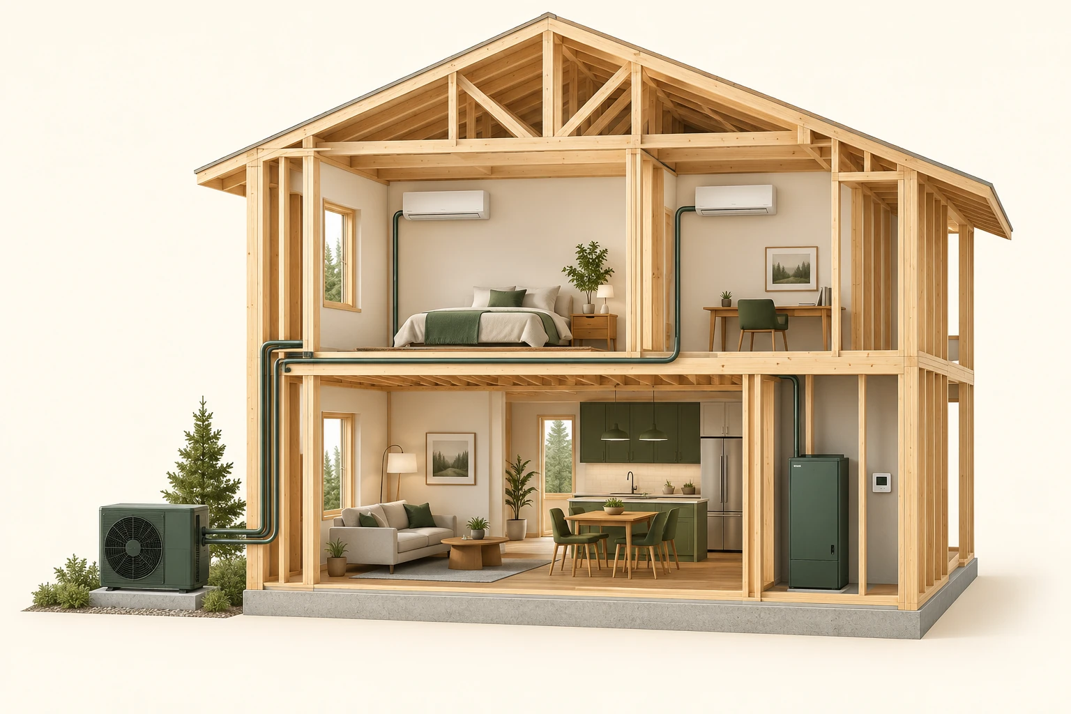 Conceptual two-storey timber house cutaway with an outdoor fan cabinet, two wall-mounted room units, closed green connecting paths, a lower closed cabinet and a plain wall device