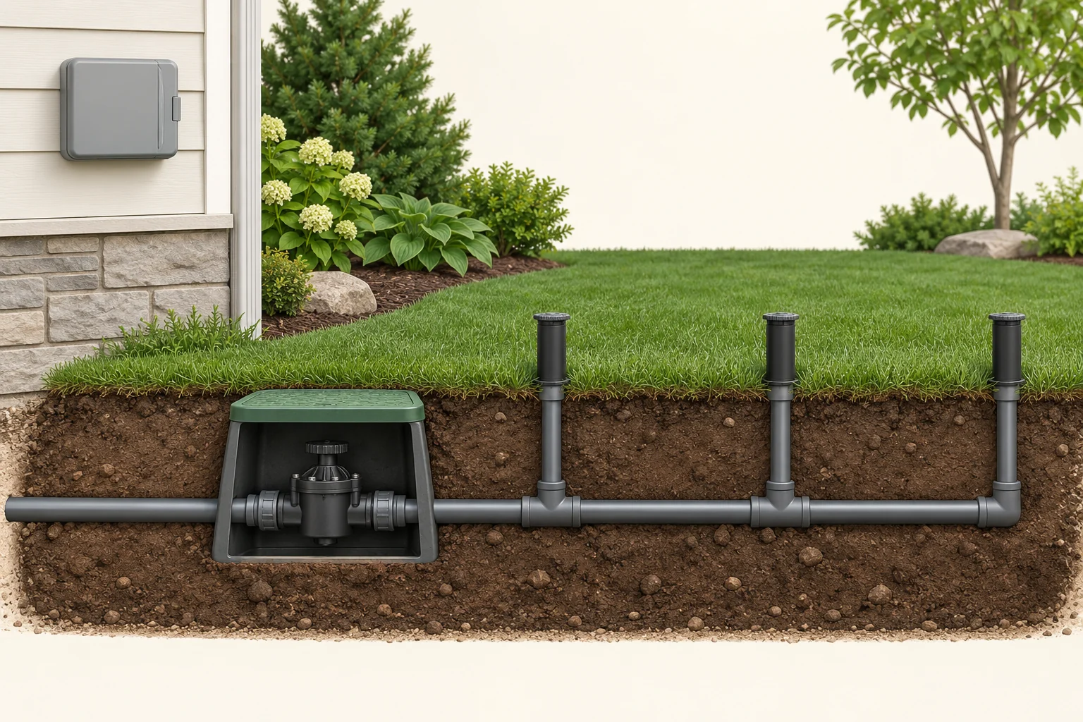 A fictional yard cutaway shows a closed wall controller separately above a valve body and continuous buried pipe. Three connected upright head bodies rise from the pipe to the lawn; none sprays.