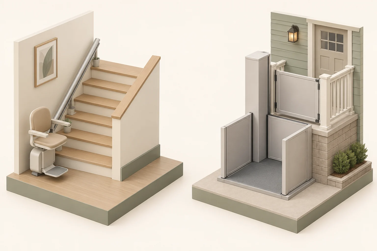 Two separate fictional access-device studies: an empty stair-chair form beside an inclined rail on a short staircase, and a flat lower platform between side panels beside a raised porch and closed upper landing barrier.