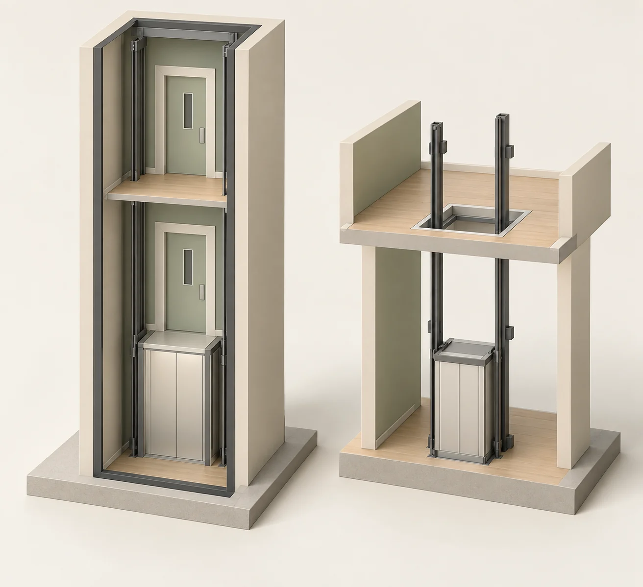 Two separate fictional two-level lift models: a tall front-cutaway enclosure with closed lower cabin-like box, two landing-door landmarks and rails; and a separate upper-floor opening with two rails above a lower closed cabin-like box.