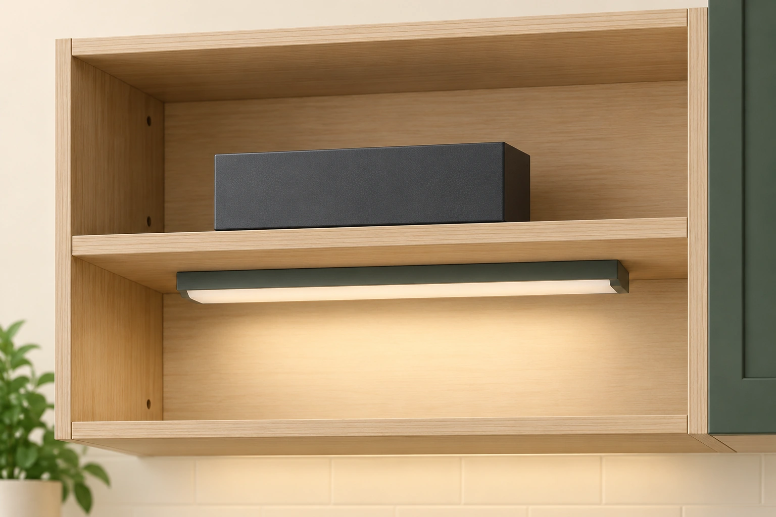 An original cabinet cutaway shows a closed charcoal box on the upper shelf and a separate light bar beneath the lower shelf. No wire route, terminal, rating or product label is exposed.