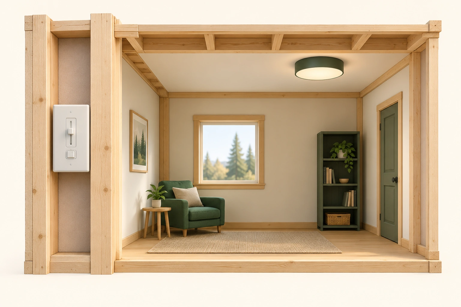 An original timber room cutaway shows a closed wall control with a slider and on/off-shaped button at the left and a separate closed ceiling-light fitting at the upper right. No electrical route is exposed.