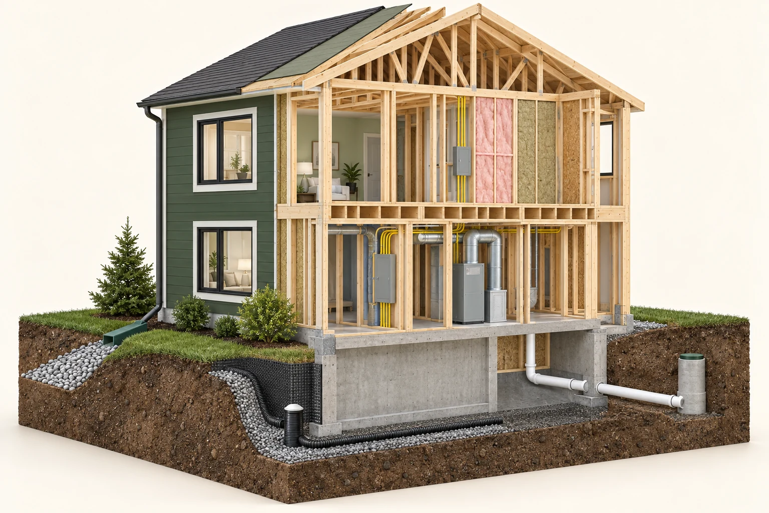 Conceptual new home skeleton with framing, partial finishes, closed equipment and separate buried routes