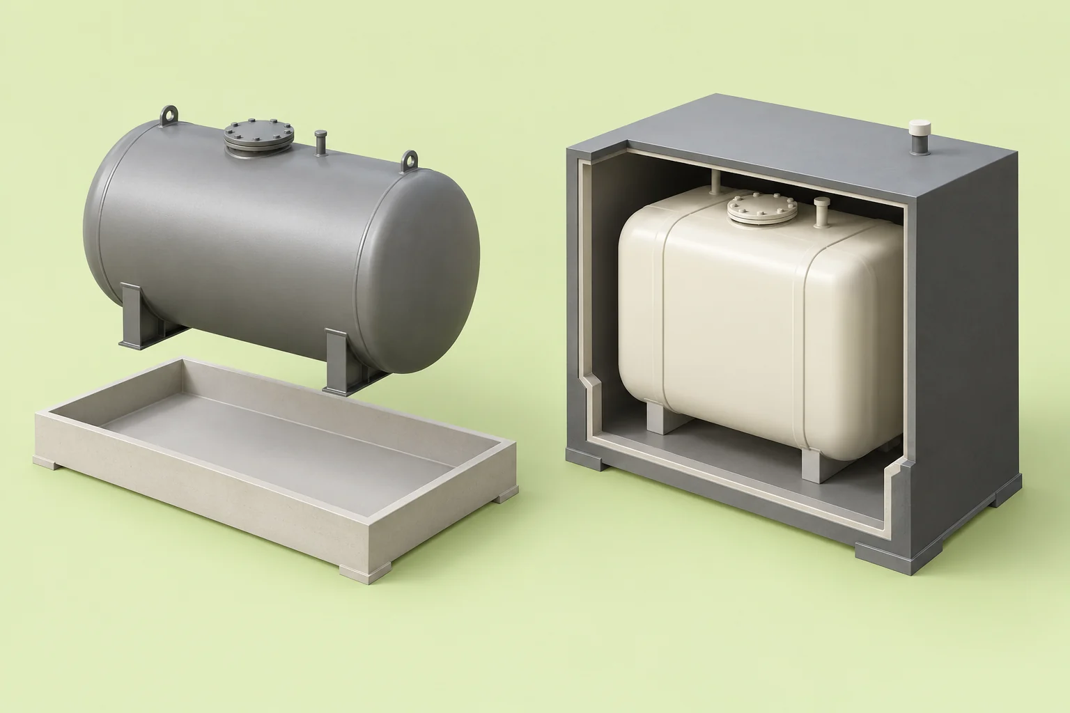 Two fictional tank studies: a grey horizontal vessel separated above an empty shallow tray as an exploded display, and an ivory inner vessel on small supports inside a front-cutaway grey outer shell.