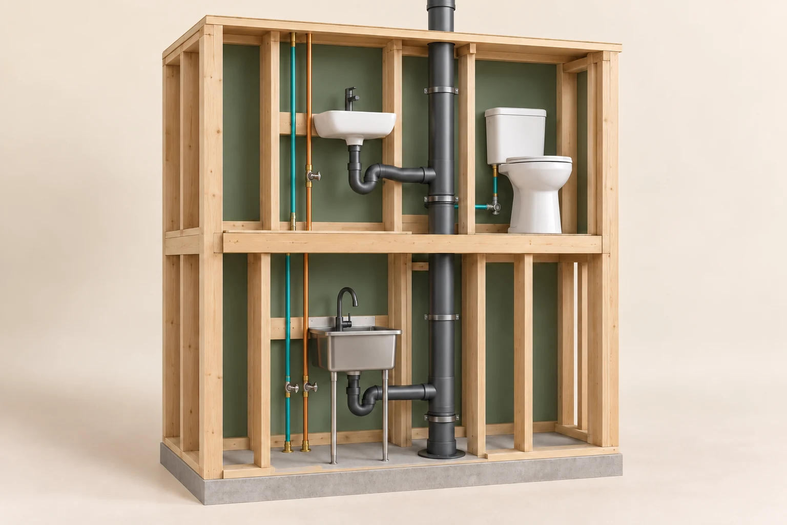 Timber wall cutaway showing narrow teal and copper-coloured pipes beside two sinks, curved sink drains and a larger dark vertical pipe
