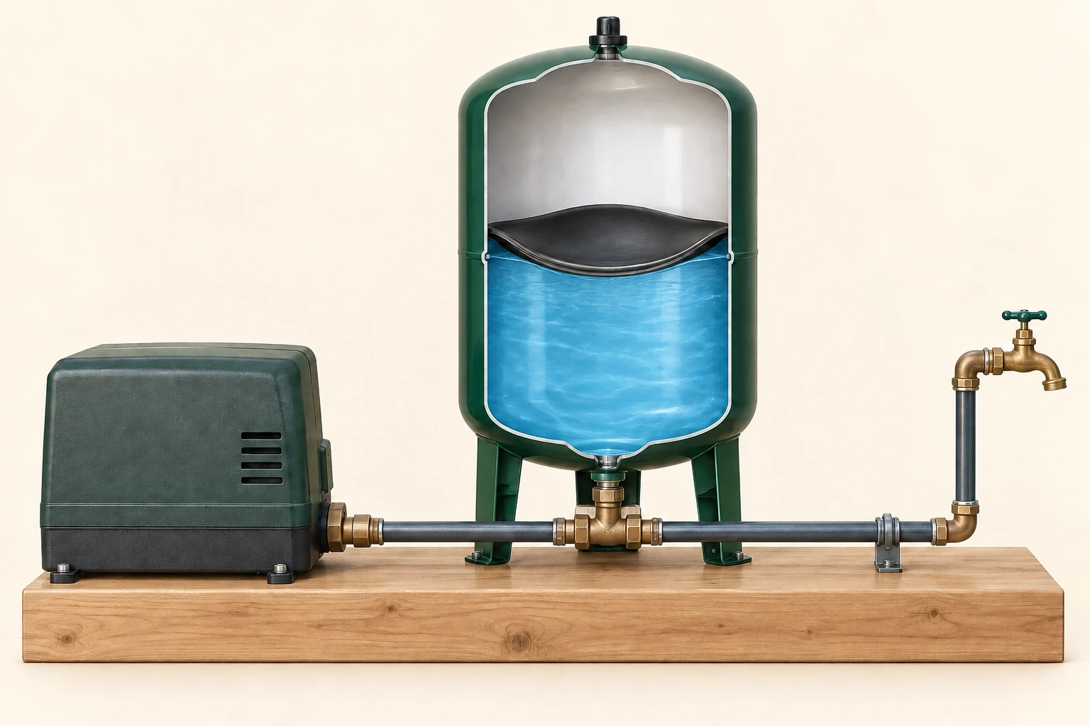 Conceptual upright pressure-tank cutaway with an upper air chamber, curved diaphragm touching lower blue water, bottom pipe branch, closed left enclosure and a right-hand tap
