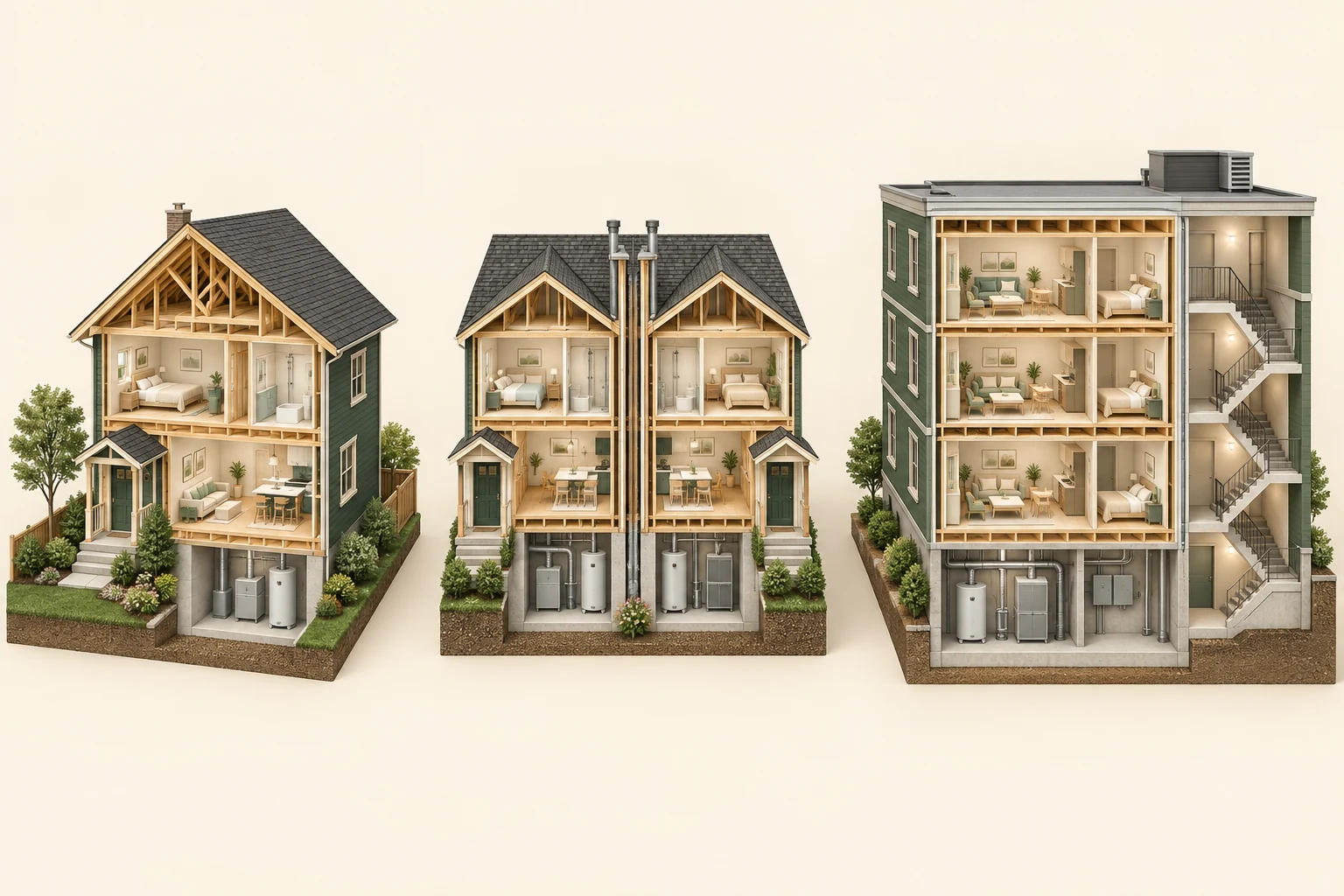Three conceptual cutaways of a detached house, attached homes and a stacked low-rise building