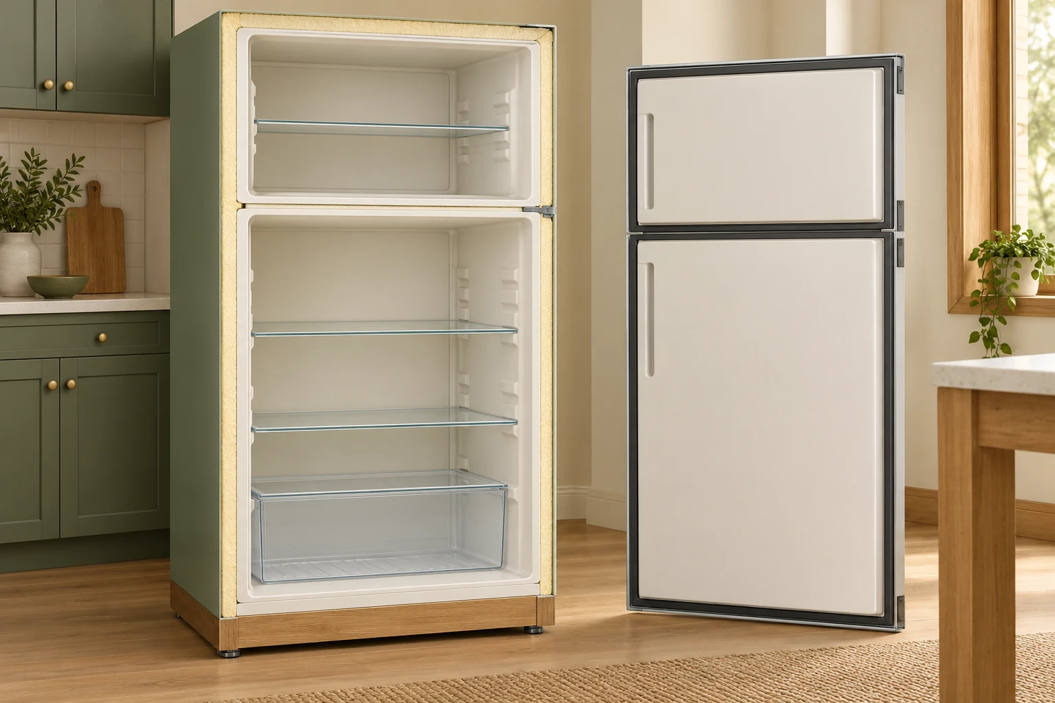 Conceptual upright cabinet with a smaller empty upper compartment, a larger shelved lower compartment, pale exposed edge band and separate two-panel door specimen in a cream and green kitchen