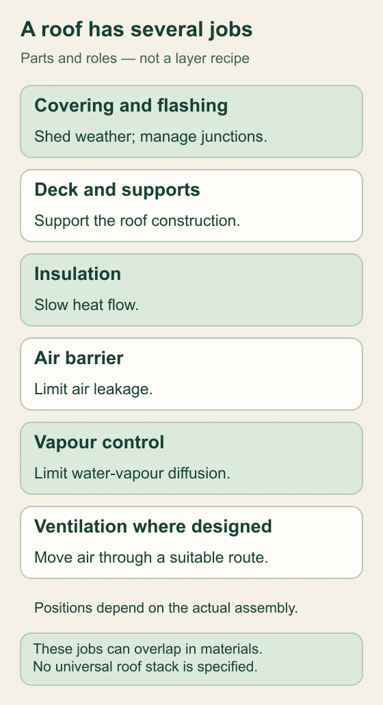 Six labelled jobs distinguish weather protection, support, insulation, air leakage, vapour diffusion and ventilation where designed. They are functions rather than a universal layer order.