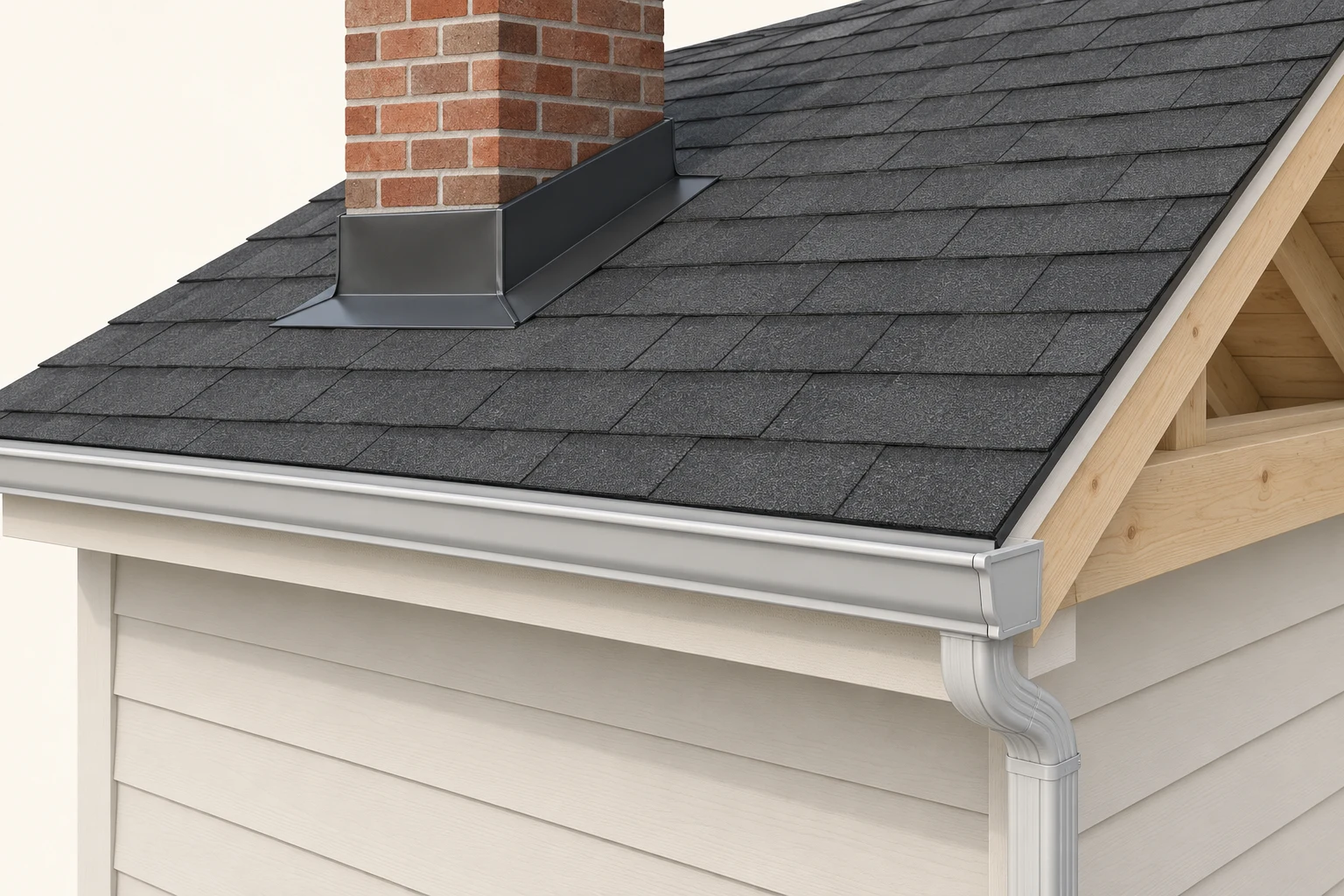 Dark shingle-like covering slopes toward a light-grey gutter. A chimney passes through the roof with a folded dark flashing form around its base. A corner downspout extends down beyond the lower crop.