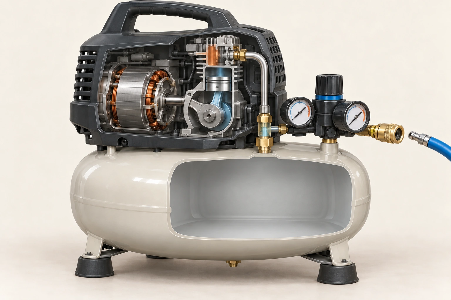 A compact compressor cutaway shows an electric motor/piston pump above an intact receiver and external gauges/manifold.