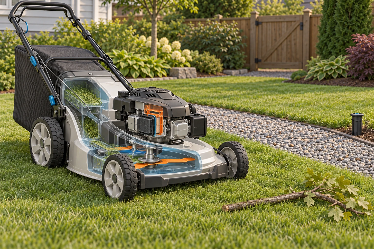 A conceptual mower skeleton on a lawn has a visible contained cutting element, rear bag, nearby branch, gravel crossing and raised yard feature.