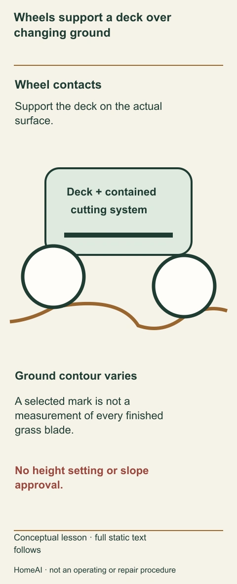A labelled side section shows front and rear wheel contacts, a contained blade/deck and an uneven ground contour.