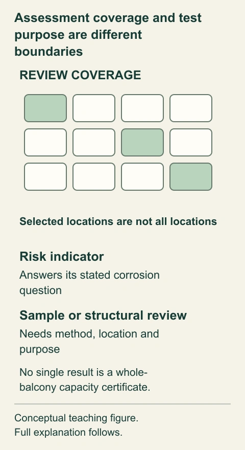 Assessment coverage and test purpose are different boundaries. A small location grid marks selected review areas while separate labels identify risk-indicator and material/structural questions. Coverage says where evidence was obtained; method says what that evidence can establish.