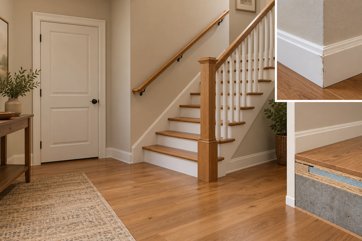 Finish condition and ordinary use stay separate. An entry, closed interior door, stair, handrail and guard form the finished room view. A close-up shows a chipped or scuffed baseboard corner; a separate small floor cutaway hints that finishes conceal other construction.