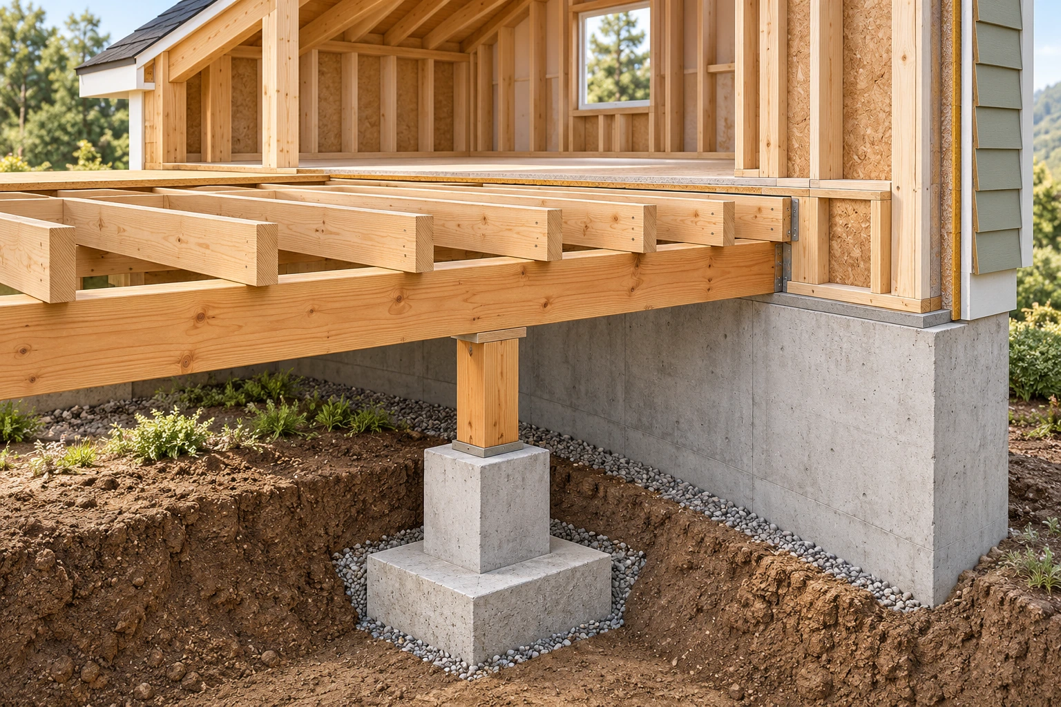 Joists, beam, post and footing form a support question. The teaching cutaway exposes timber floor joists meeting a beam, a post below and a concrete pedestal with a wider footing at the ground. The adjacent wall and foundation remain separate visible construction parts.