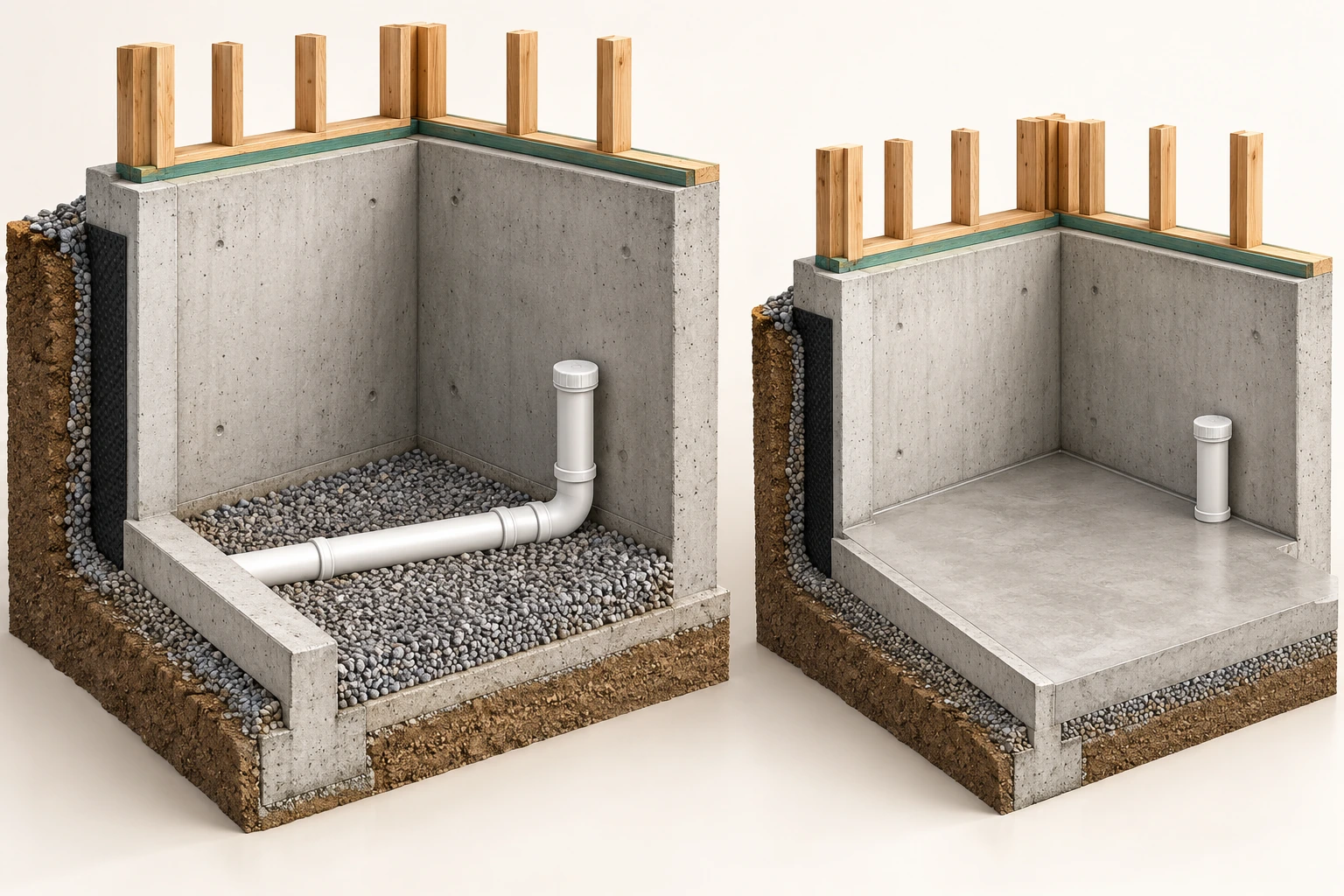 The floor changes the available view. Two separate foundation specimens show the visibility change. At left, gravel surrounds a short exposed pipe and capped riser; at right, a concrete floor conceals most of that below-floor region while a capped riser remains visible.