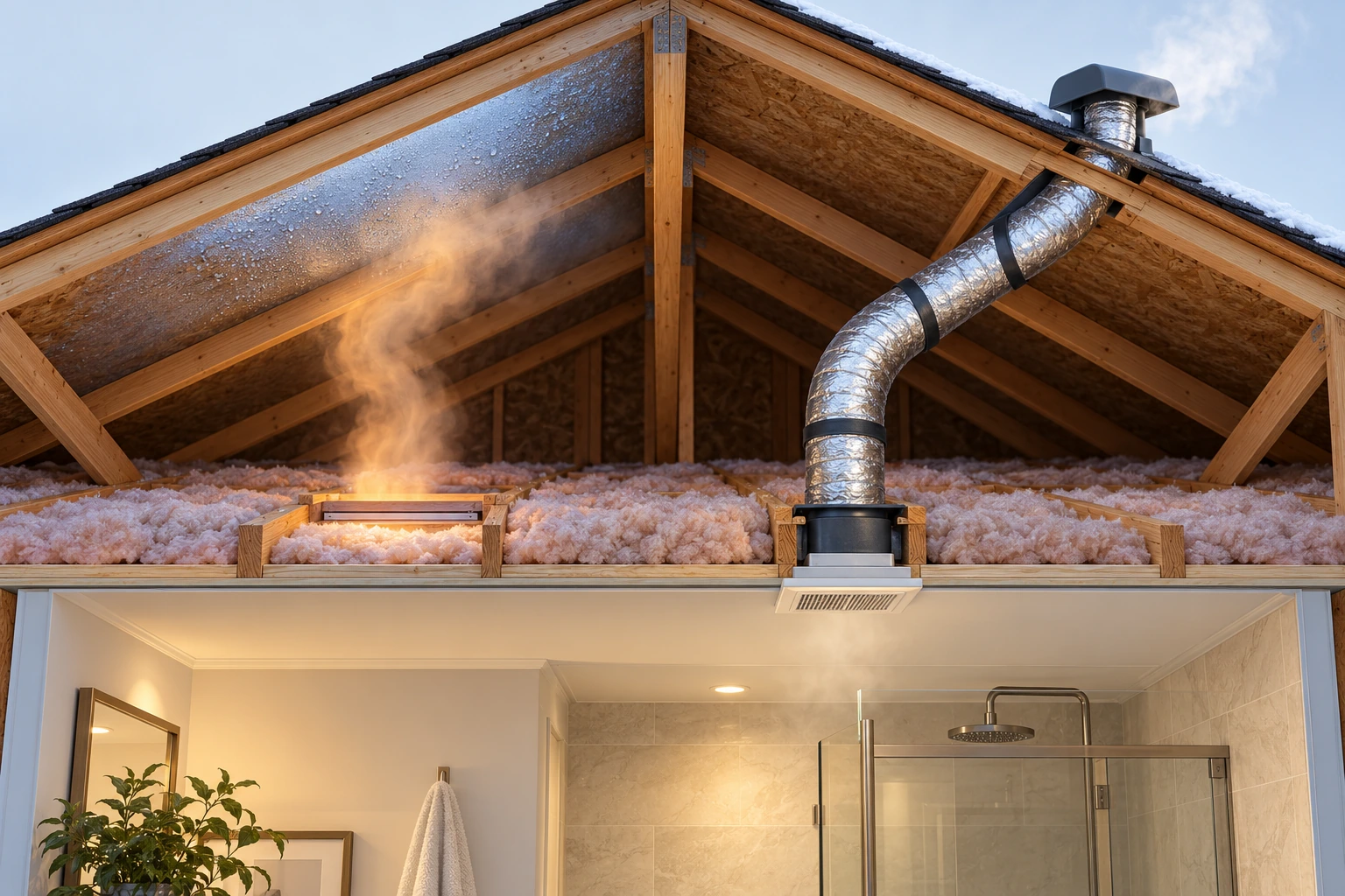 The bathroom exhaust duct reaches a roof cap, while a separate plume above the ceiling hatch illustrates a possible indoor-air leakage route toward a cold surface. Conceptual 3D cutaway; The plume and roof-surface moisture are conceptual, not measured airflow or an actual diagnosis. The picture does not verify duct performance, mould, installation details or safe attic access.