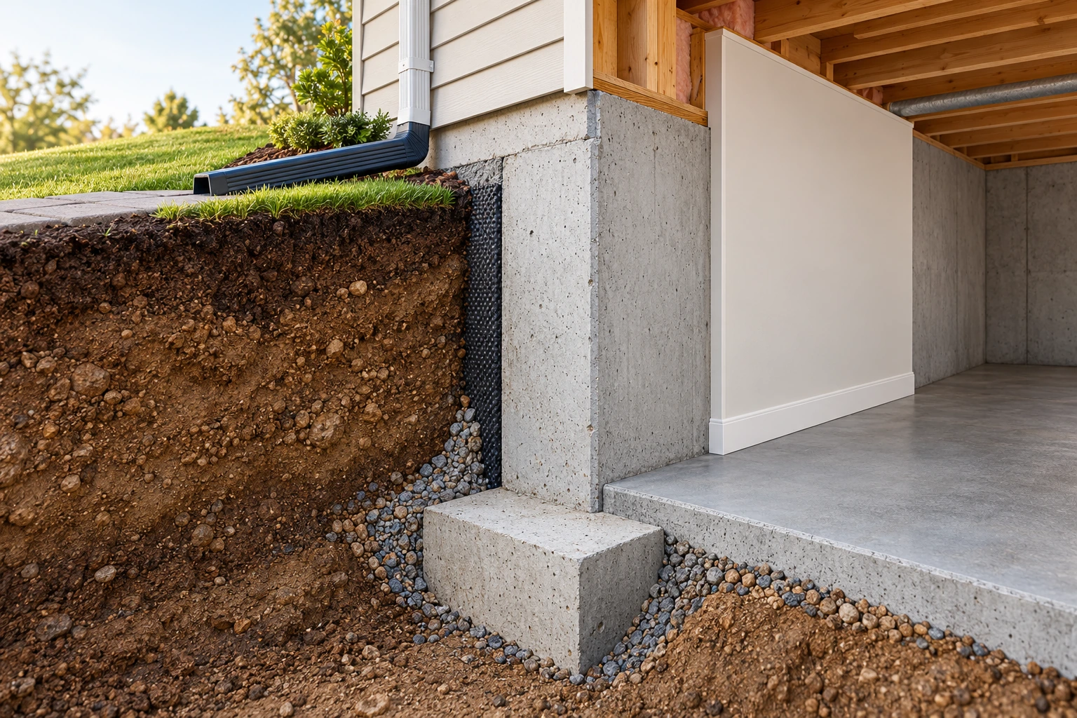 A downspout extension, the ground beside a basement wall, the footing and a finished interior portion show different parts of the water-exposure and viewing question. Conceptual 3D cutaway; The cutaway exposes conceptual soil and wall layers. Buried drainage, waterproofing continuity, actual grades and seasonal performance are unverified.