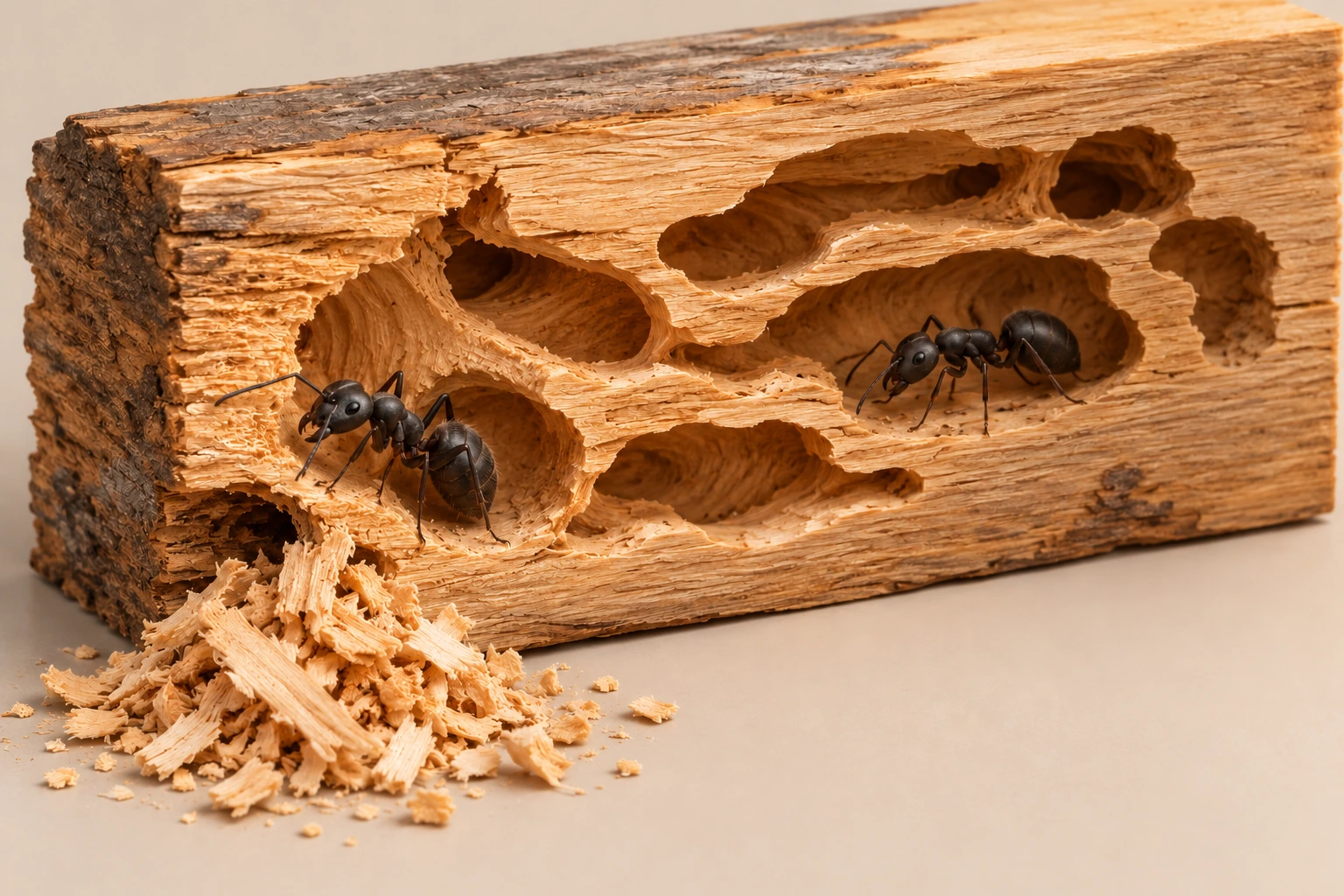 Detached conceptual wood block opened in section to reveal nesting spaces, with dark ant models inside and a small pile of removed shavings outside an opening.
