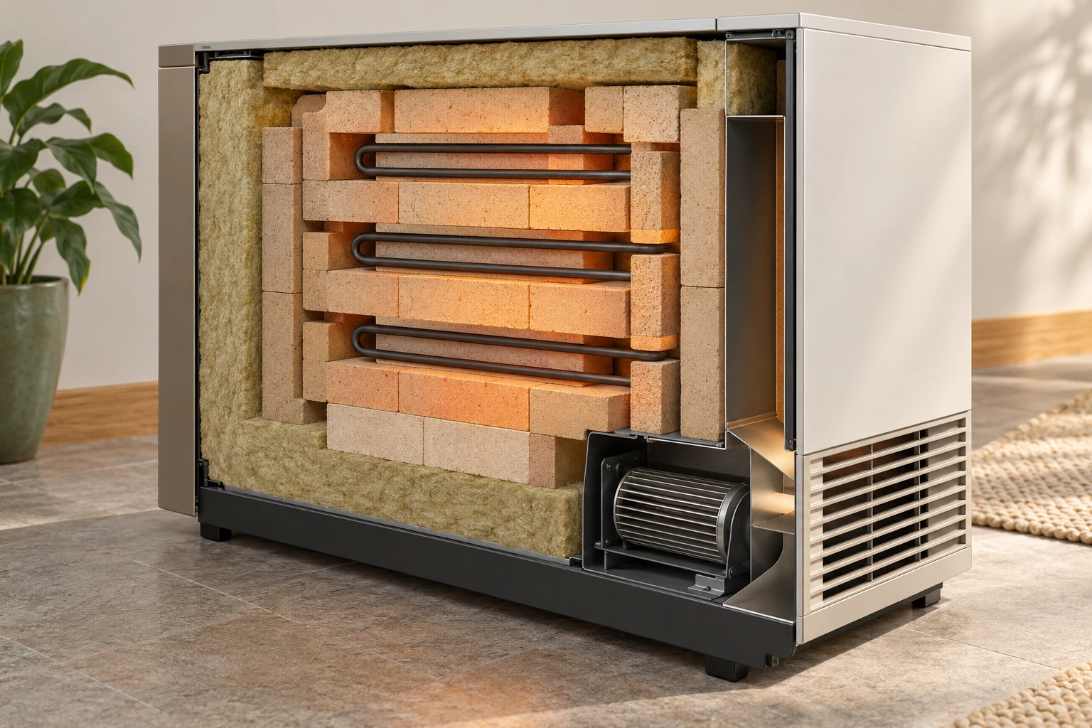 Bricks store heat inside insulation. Storage bricks surround dark U-shaped heating elements, with insulation around the core and a blower low at the side. Elements put heat into the store; the protected core holds warmth for later delivery. The exposed strip is a conceptual teaching view, not a service opening.