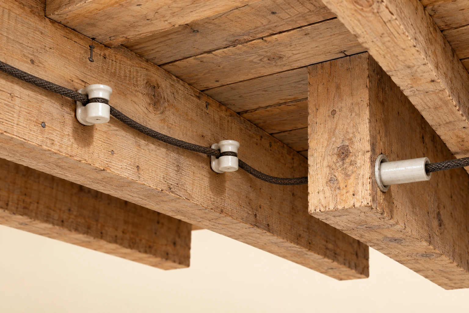 Old timber framing with separate covered conductors supported by white ceramic knobs and passing through a member in a ceramic tube.