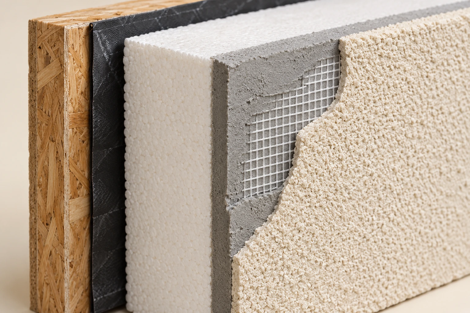 Layered wall sample shows wood backing, a dark sheet, white foam insulation, grey base material with fine white square mesh and a pale textured finish.
