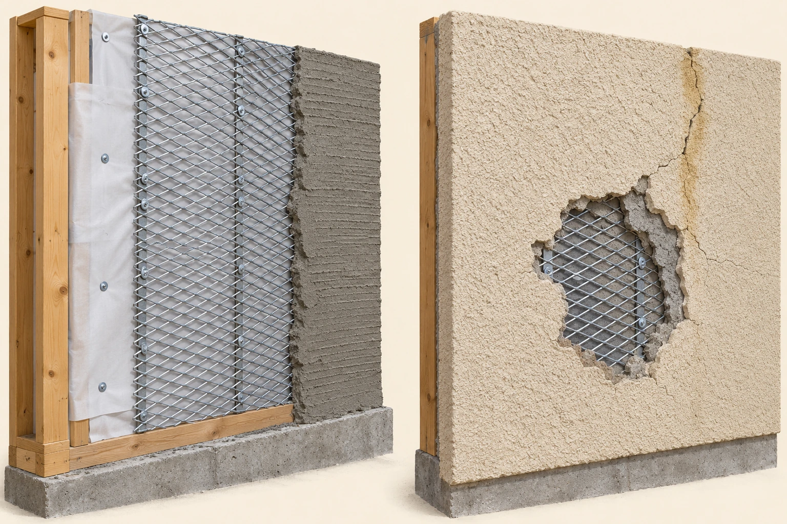 Two wall samples compare deliberately exposed lath beside an unfinished grey coat with an irregular chipped opening and cracks in an otherwise pale finished surface.