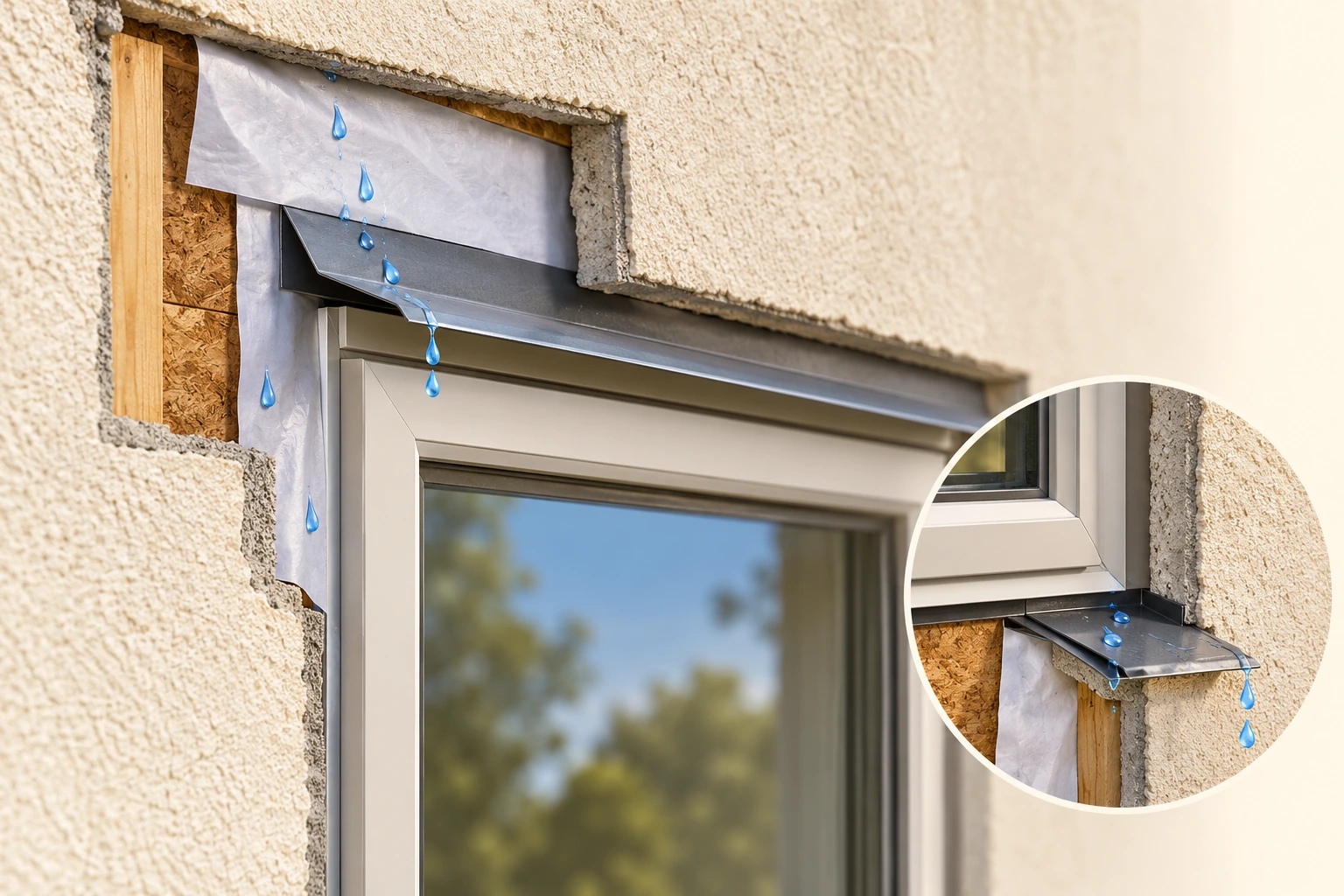 Window cutaway exposes white wrap and metal head flashing above the frame; a circular inset enlarges the metal sill area below the window, with blue illustrative water drops.