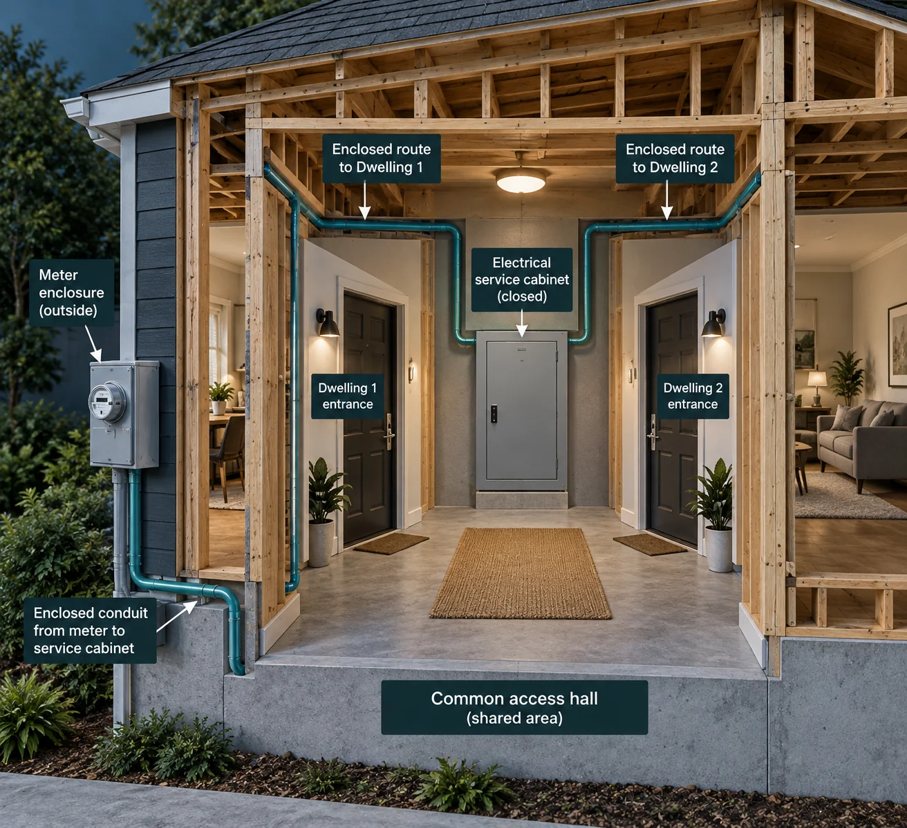 House cutaway with closed outside meter enclosure, enclosed teal conduit, closed central electrical cabinet, two labelled dwelling entrances and a labelled common hall. Full label meanings follow in static text.