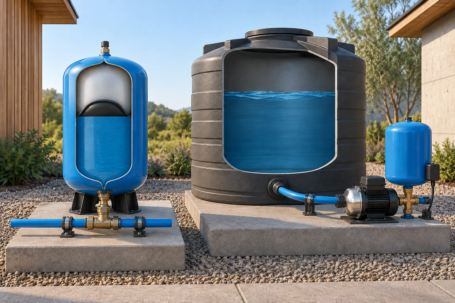 Two separate concepts on separate bases: a cutaway pressure tank on the left, and a larger closed storage cistern feeding a booster pump and smaller pressure tank on the right.