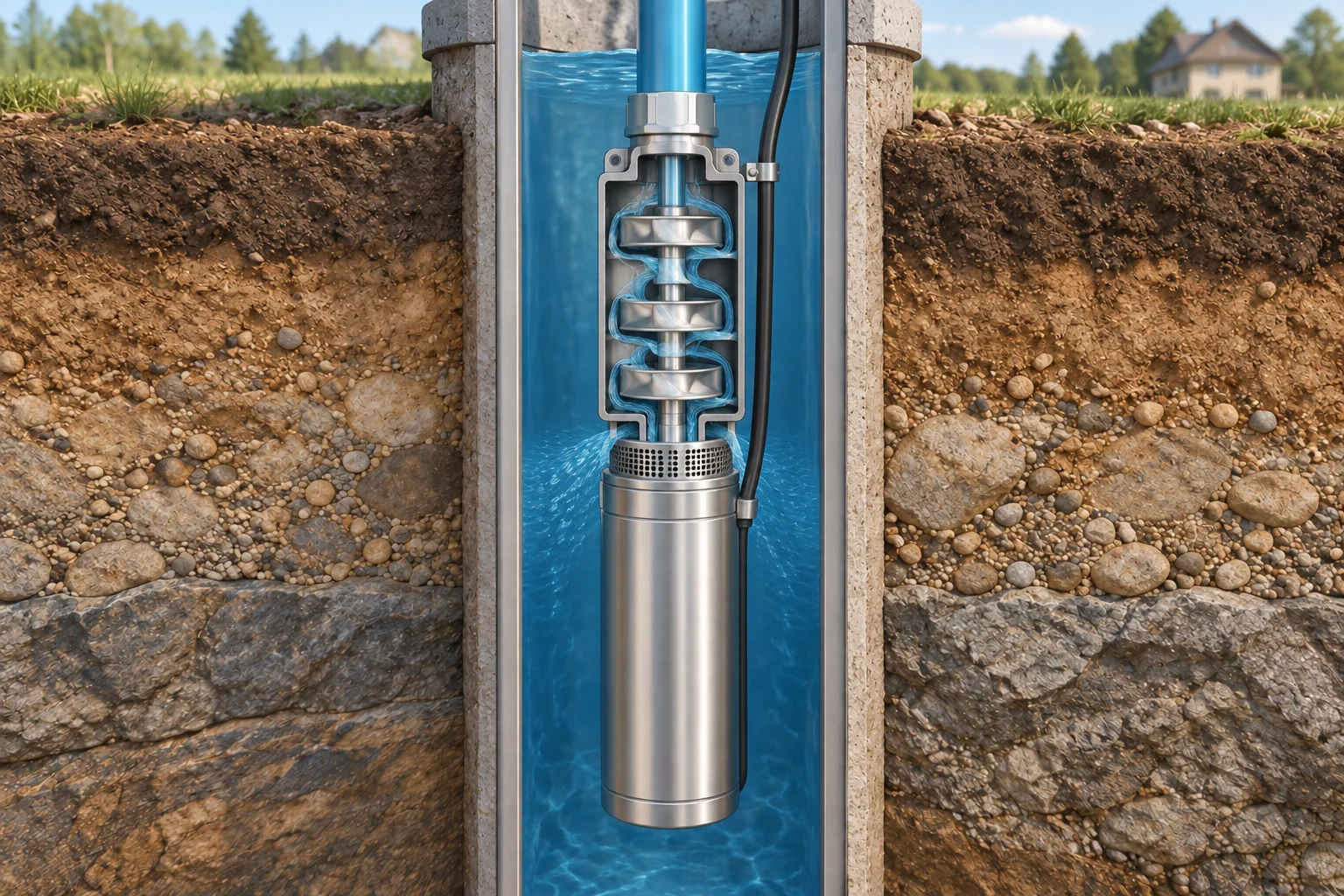 Vertical submerged pump cutaway with a sealed lower motor, screened intake above the motor, water-moving stages and an outlet pipe above.