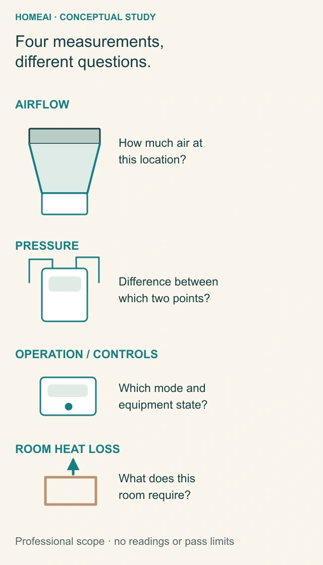 A flow-hood symbol, two-reference pressure instrument, thermostat and room outline distinguish professional airflow, pressure, operating-state and room-load questions without readings.