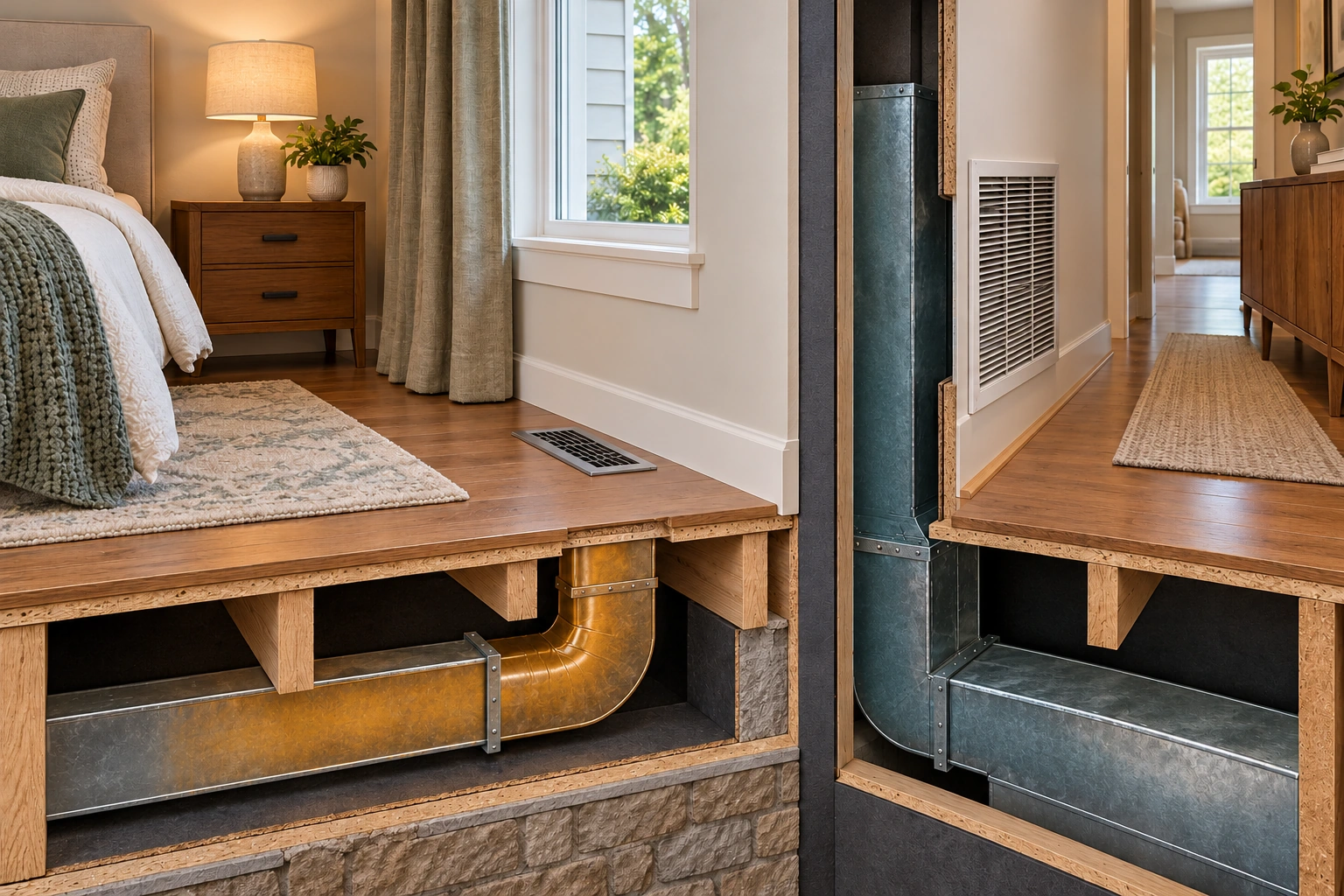 Side-by-side architectural close-ups show a bedroom floor supply register connected to a duct boot and a hallway wall return grille connected to a separate return duct.