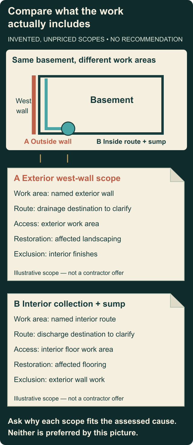 Original basement location map links exterior west-wall ScopeA and interior collection-and-sump ScopeB with distinct unpriced proposal excerpts. No real contractor, cost, approval or recommendation is supplied.